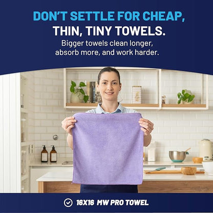 MW Pro Microfiber Cleaning Cloth | Purple | 12 Pack | 16” x 16” | All Purpose Microfiber Towels - Clean, Dust, Polish, Scrub, Absorbent