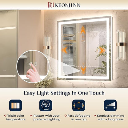 Keonjinn 48 x 24 Inch LED Bathroom Mirror with Lights, Bighter Frontlit & Backlit Vanity Mirror with Stepless Dimmable 3-Color, Anti-Fog Mirror for Wall, HD Tempered Glass, Memory Founction, CR90+