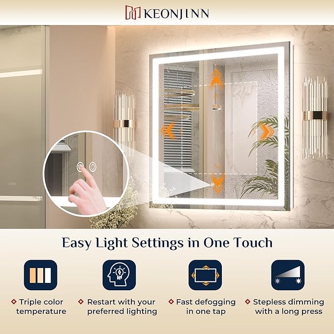 Keonjinn LED Mirror for Bathroom 16 x 24 Inch, Frontlit & Backlit Bathroom Vanity Mirror with 3 Color Lights, Lighted Bathroom Mirror with Anti-Fog, HD Tempered Glass, UL-Listed LED Driver, CRI90+