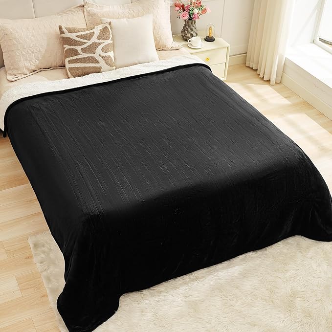 Premium Electric Blanket King 90"100" - Flannel Sherpa, 6 Heating Levels, Dual Control, Auto Shut Off, Machine Washable (Black)