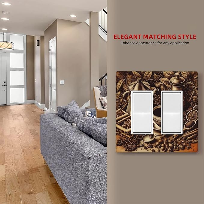 Decorative Outlet Covers Vintage Coffee Beans Leaf Cup 2 Gang Wall Plate Double Rocker Two Switch Wall Cover Plate Jumbo Dual GFCI Faceplate for Kitchen Home Decor