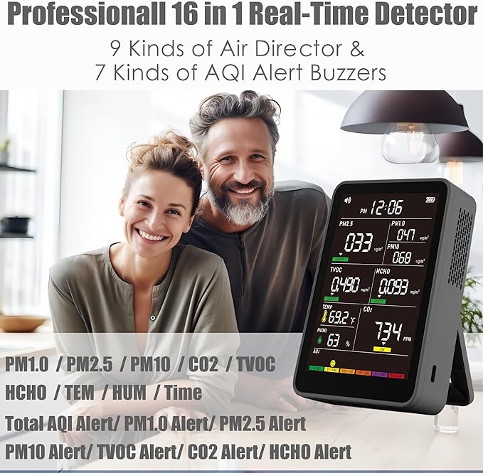 Professional Indoor Air Quality Monitor with AQI Alarms, Portable Real-Time Detector for Home Cars Plants and Pets (Glossy Black)