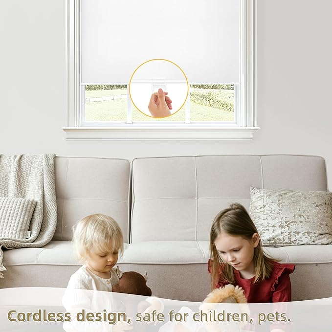 ChrisDowa Cordless Blackout Roller Shades for Windows, Thermal Insulated UV Protection Pull Down Shades, Total Blackout Window Blinds for Home, Office, Bedroom, Door (63" W x 72" H, White)
