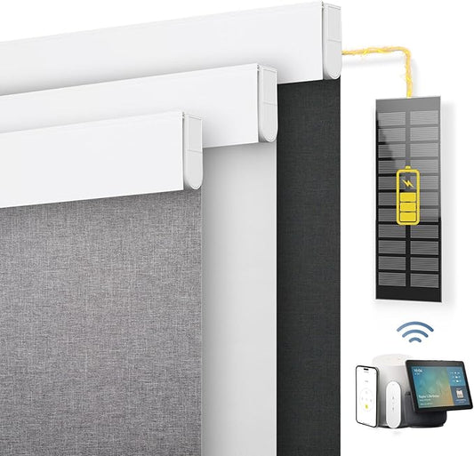 DENFOON Motorized Blinds with Remote Control, Custom Blackout Smart Blinds [with Cover],Electric Blinds with Complimentary Solar Panel, Cordless Automatic Roller Shades for Windows,Black,Custom