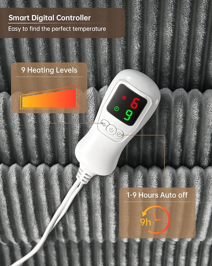 Electric Heated Blanket Throw Size, Washable Blanket Warmer for Home for Adults, Fast Heating Super Cozy Soft Flannel 50" x 60", 9 Heat Levels, 1-9H Auto-Off, ETL Certified, Silver