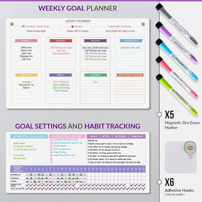 Magnetic Whiteboard for Fridge - Large Dry Erase Calendar for Wall | 2 Magnetic Dry Erase Board 10.5" x 16.5" & 7" x 16.5", Monthly Goal Setting & Habit Tracker, 5 Markers and 6 Adhesive Hooks