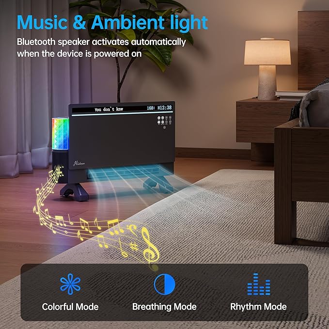 1800W Smart Electric Panel Space Heater with Bluetooth Speaker, Lyric Display & RGB Lights, 6-in-1Heater Fan, App/Voice/Remote/Touch Control, Wall-Mount or Freestanding, Works with Alexa