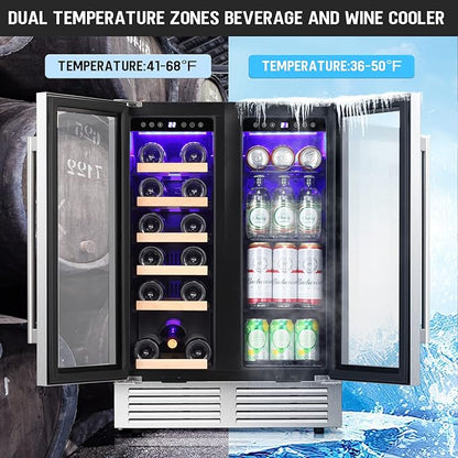 Antarctic Star Wine and Beverage Refrigerator, 24 Inch Dual Zone Wine Cooler with Glass Door, Built in or Under Counter Wine Fridge with Blue LED Light,18 Bottles and 66 Cans Capacity Beverage Cooler