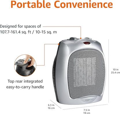 Amazon Basics Ceramic Space Heater, Portable Indoor Heating Solution, With Overheat and Tip-Over Protection, Thermostat, Non-Oscillating, 1500W, 7.52"D x 6.34"W x 9.45"H, Silver