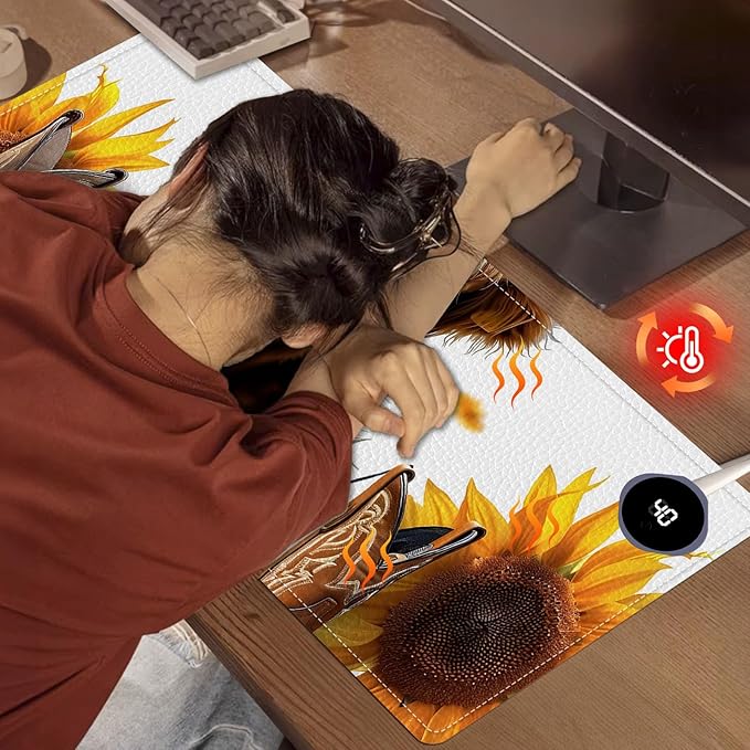 Heated Mouse Pad, Warm Desk Pad, Keyboard Mat 31.5 x 13 Inch Large Size Intelligent Fast Heating, 3 Speed Adjustable, Timed Auto Power Off for Game Office Home,Sunflower Highland Cattle