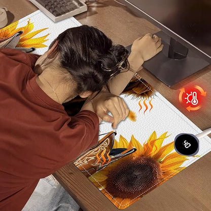 Heated Mouse Pad, Warm Desk Pad, Keyboard Mat 31.5 x 13 Inch Large Size Intelligent Fast Heating, 3 Speed Adjustable, Timed Auto Power Off for Game Office Home,Sunflower Highland Cattle