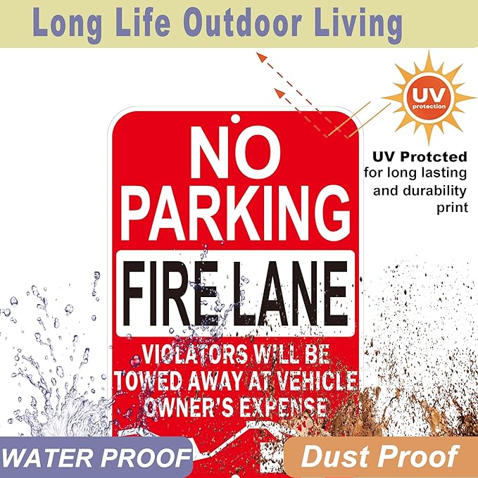 No Parking Fire Lane Signs, Red, Reflective Aluminum, 12 x 18 Inches, Weather Resistant, Wall Mount, 2 Pack