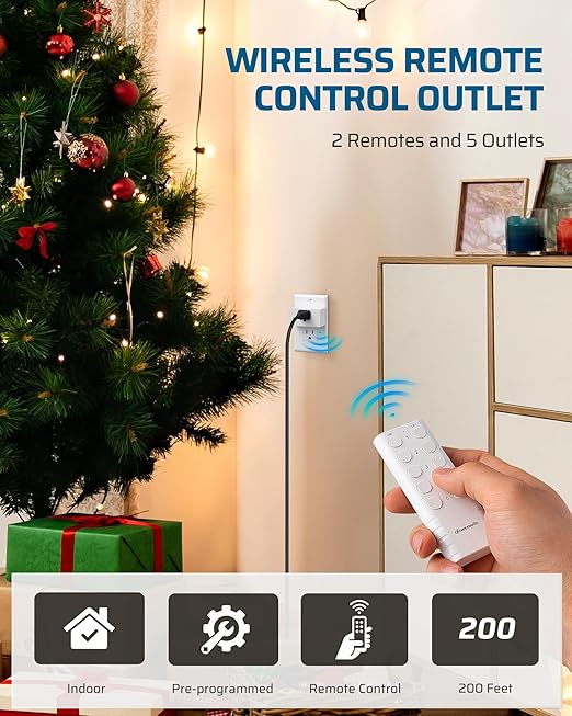 DEWENWILS 200FT Range Remote Control Outlet, No Interference Strong Signal, Indoor Wireless Outlet Switch for Lamps, Fans, Christmas Lights, 15A/1800W, ETL Listed (5 Outlets + 2 Remotes)