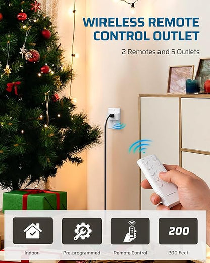 DEWENWILS 200FT Range Remote Control Outlet, No Interference Strong Signal, Indoor Wireless Outlet Switch for Lamps, Fans, Christmas Lights, 15A/1800W, ETL Listed (5 Outlets + 2 Remotes)