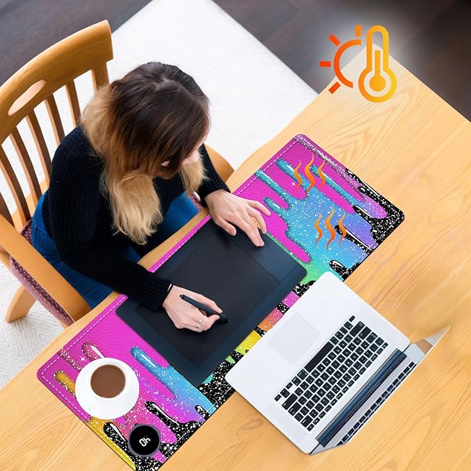 Heated Mouse Pad, Warm Desk Pad, Keyboard Mat 31.5 x 13 Inch Large Size Intelligent Fast Heating, 3 Speed Adjustable, Timed Auto Power Off for Game Office Home,Rainbow Ice Crea