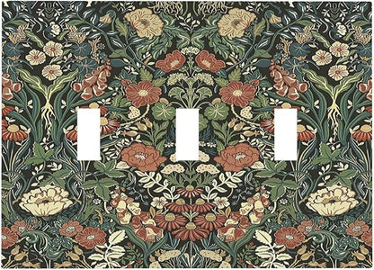 Decorative Switch Plates Vintage Dark Floral William Morris Green Flower 3 Gang Wall Plate Triple Toggle Light Switch Cover Faceplate Electrical Wall Panels for living Room Home Decor