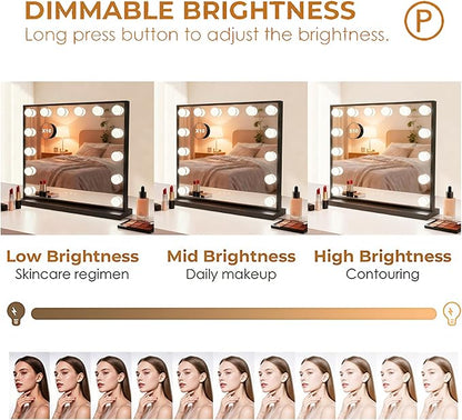 Lighted Vanity Mirror, Hollywood Style, 14.5 Inch LED Makeup Mirror, White/Black, Metal Frame, 10x Magnification, 3 Dimming Modes, Smart Touch Control (Black)