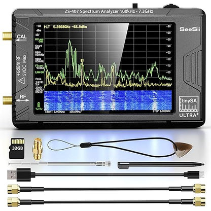 SeeSii TinySA Ultra+ ZS407 7.3GHz Spectrum Analyzer: 2025 Upgraded 4 Inch HW V0.5.4 100kHz-7.3GHz Handheld Tiny Frequency Analyzer - 2-in-1 RF Signal Generator 100kHz to 900MHz MF/HF/VHF UHF