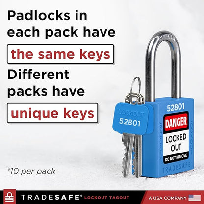 TRADESAFE Lockout Tagout Locks Set - 10 Blue Keyed Alike Padlocks, 2 Keys Per Lock, OSHA Compliant Loto Locks