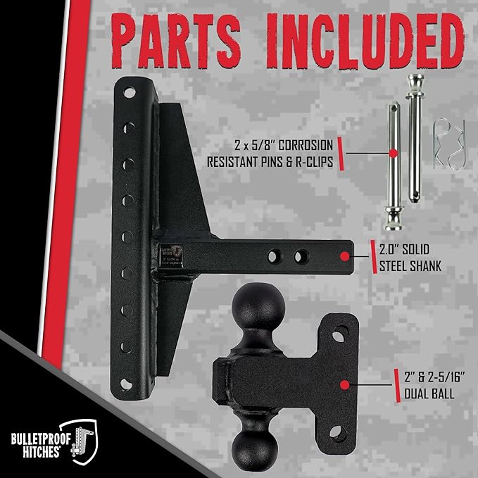 BulletProof Hitches - 2.0" Adjustable Heavy Duty Trailer Hitch (22,000 lb. Rating) - Offset 4" and 6" Drop/Rise Trailer Hitch with 2" & 2-5/16" Dual Ball Powder Coat, Solid Steel, Corrosion-Resistant