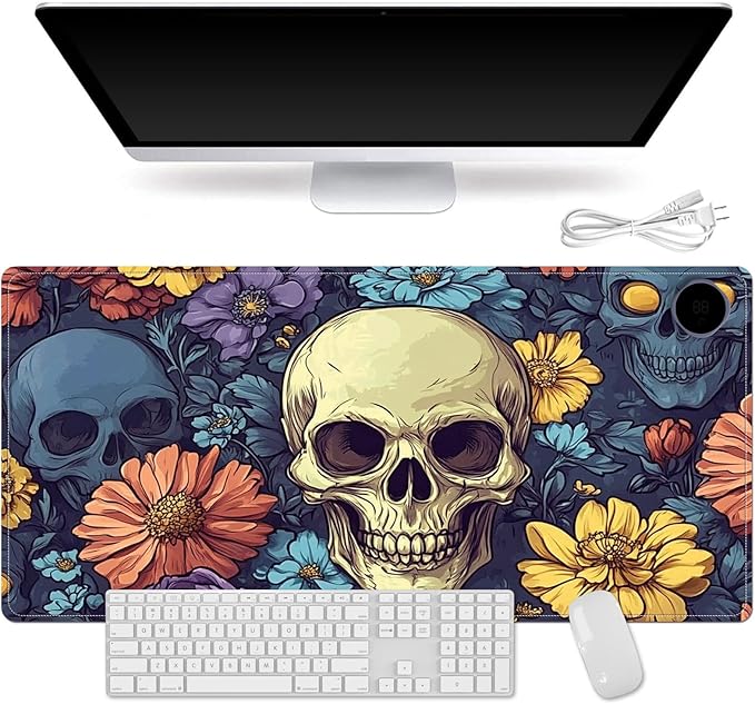 Heated Mouse Pad for Desk 31.5" x 13" – PU Leather Warm Desk Pad with 3 Heat Levels (104°F/113°F/122°F), Plug-in Electric Heating Mat with Auto Shut-Off, Waterproof & Rollable, Floral Skull