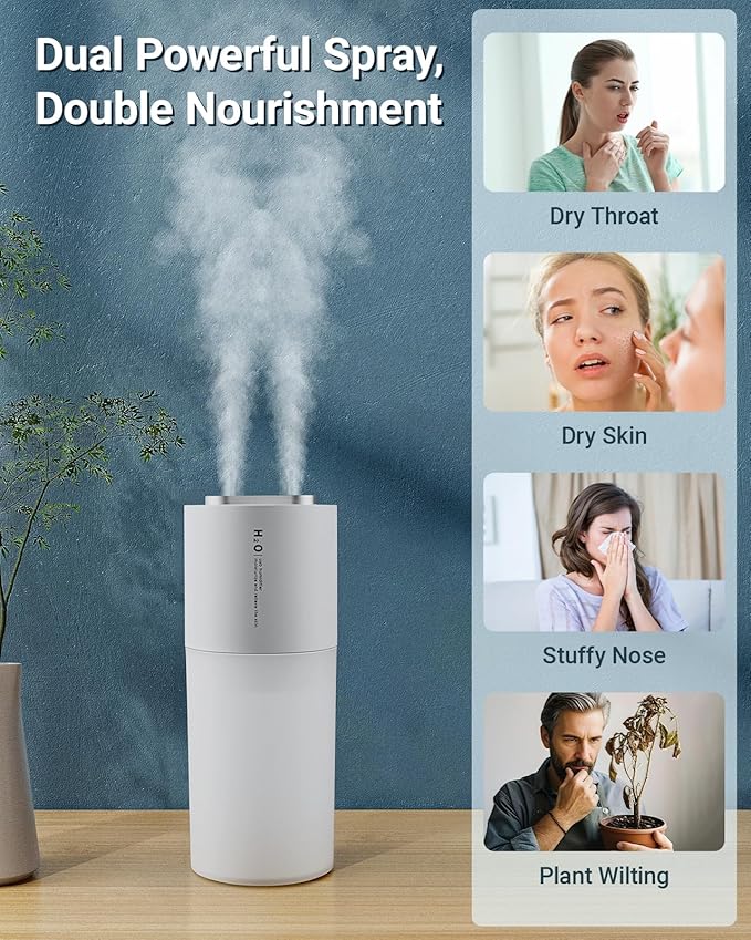 Dual-spray 400ml Mini Humidifier for Desk - Portable Rechargeable Personal Desktop Humidifiers for Office Car Travel Plants Bedroom Baby, Auto Shut-Off, 2 Mist Modes, Super Quiet, White