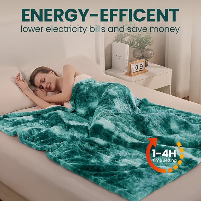 Electric Heated Blanket 62"x84", Luxury Green Twin Faux Rabbit Fur Electric Blanket, Fast Heating Soft Fluffy Thick Electric Blanket with 6 Heating Levels & 12H Auto Off