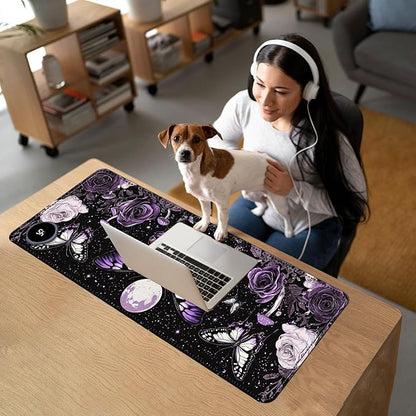 Heated Mouse Pad with 3 Temperature Settings(104°F–122°F),Large 31.5x13 Inch PU Leather Heated Desk Mat,Waterproof Warming Pad for Office,Gaming & Cold Hands Relief,Purple Butterfly Flower