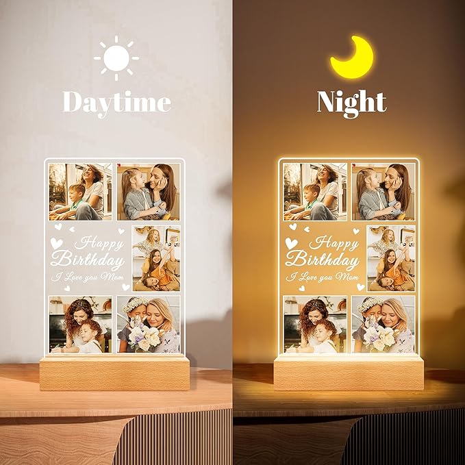 Custom Picture Frames with Photos, Personalized Photo Frame with Night Light, Customized Mothers Day Gifts for Mom, Personalized Birthday Gifts for Mom from Daughter Son