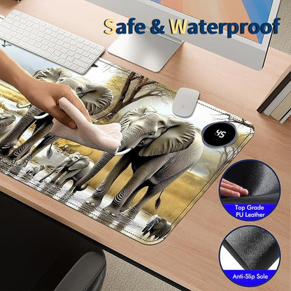 Heated Mouse Pad with 3 Temperature Settings(104°F–122°F),Large 31.5x13 Inch PU Leather Heated Desk Mat,Waterproof Warming Pad for Office,Gaming & Cold Hands Relief,Elephant Herd
