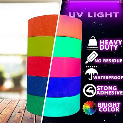 SWRT Neon Gaffer Cloth UV Blacklight Tape for Party Supplies, 5 Rolls Multi-Color UV Fluorescent Glow in The Dark Tape for Party Decoration, Dance Floors, UV Party (0.6 inch x 16.5 feet)