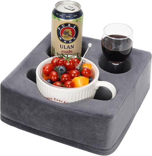 G GOOD GAIN Couch Cup Holder Pillow, Spill-Proof Sofa Drink Cup Holder & Multi-Use Organizer for Sofa, Bed, Car, Beach - Holds Mugs, Phone, Snacks, Remote Control, KeepTemp Design (Grey)