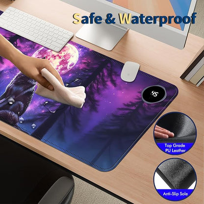 Heated Mouse Pad with 3 Temperature Settings(104°F–122°F),Large 31.5x13 Inch PU Leather Heated Desk Mat,Waterproof Warming Pad for Office,Gaming & Cold Hands Relief,Moon Wolf Howling