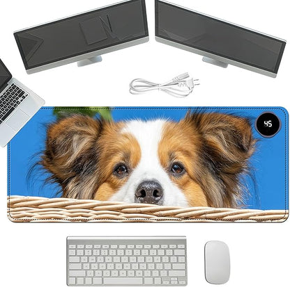 Heated Mouse Pad with 3 Temperature Settings(104°F–122°F),Large 31.5x13 Inch PU Leather Heated Desk Mat,Waterproof Warming Pad for Office,Gaming & Cold Hands Relief,Cute Dog