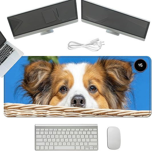 Heated Mouse Pad with 3 Temperature Settings(104°F–122°F),Large 31.5x13 Inch PU Leather Heated Desk Mat,Waterproof Warming Pad for Office,Gaming & Cold Hands Relief,Cute Dog