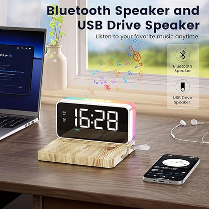 Alarm Clocks for Bedrooms with Wireless Charger Station, Bluetooth Speaker, Woodgrain, White Noise Sound Machines, RGB Night Lights, Ideal Gift for Adult Man Women Teen Girls Boys