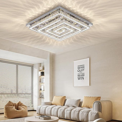 43" Modern Crystal Chandelier with Remote/APP Control, Dimmable Flush Mount Ceiling Light Fixture, 3-Color Temperature, Led Ceiling Lamp for Living Room Bedroom Kitchen Dining Room Entryway