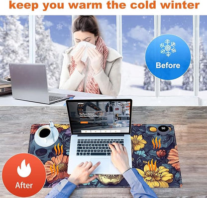 Small Heated Desk Pad 23.6" x 14.2" – Compact Electric Mouse Pad with 3 Heating Levels, Auto Shut-Off, Waterproof PU Surface, Plug-in Warmer for Office or Home Use, Floral Skull