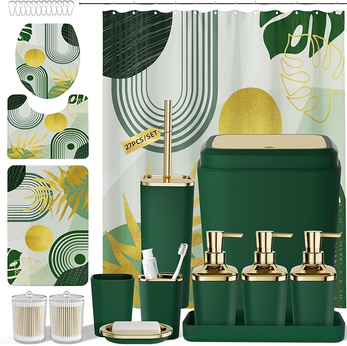 Bathroom Set - Bathroom Sets with Shower Curtain and Rugs, Bathroom Accessory Set, Dark Green Bathroom Accessories Set with Trash Can, Toilet Brush and Soap Dispensers