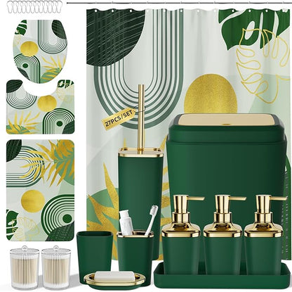 Bathroom Set - Bathroom Sets with Shower Curtain and Rugs, Bathroom Accessory Set, Dark Green Bathroom Accessories Set with Trash Can, Toilet Brush and Soap Dispensers