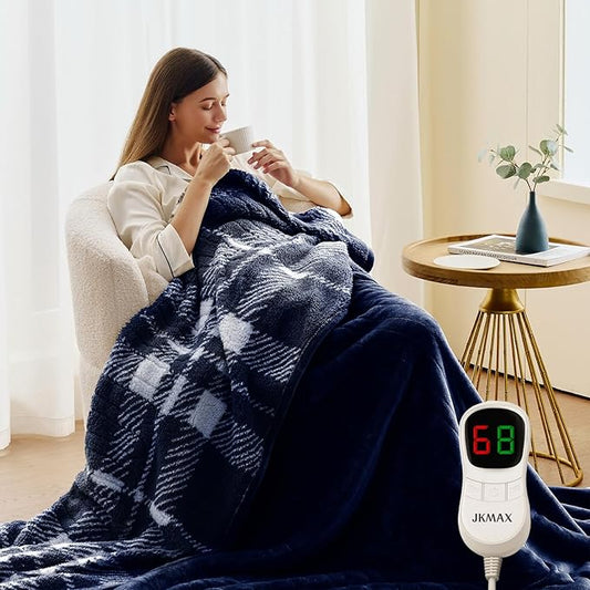 Heated Electric Blanket Throw Size - 50"x60" Flannel Heating Blanket with 10 Heating Levels & 5 Time Settings Over-Heat Protection, Winter Warmer for Adults with ETL Certification（Navy Blue）