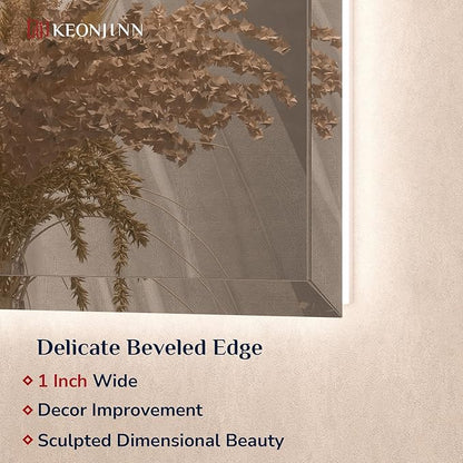 Keonjinn 20 x 28 Inch Backlit Mirror Bathroom, Frameless LED Mirror for Bathroom, Beveled Edge, HD Tempered Glass, UL-Listed LED Driver, Anti-Fog, Dimmable, Memory Function, French Cleat Installation