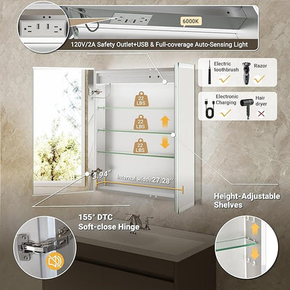 30x32 LED Medicine Cabinet Mirror with Double Lights-Front & Backlit, 155°Soft-close Hinge, Surface or Recessed Dimmable Lighted Medicine Cabinet Mirror with Clock Outlet Inner Light,Anti-fog