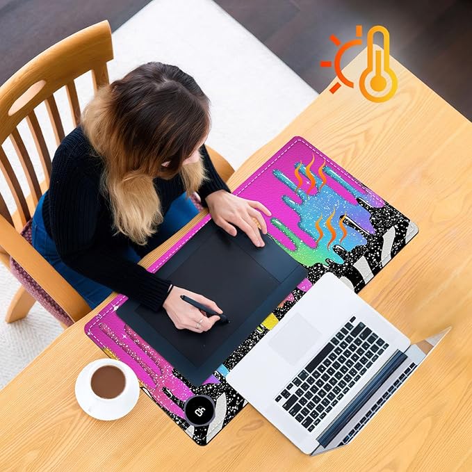 Heated Mouse Pad, Warm Desk Pad, Keyboard Mat 23.6 x 14 Inch Large Size Intelligent Fast Heating, 3 Speed Adjustable, Timed Auto Power Off for Game Office Home, Rainbow Ice Crea