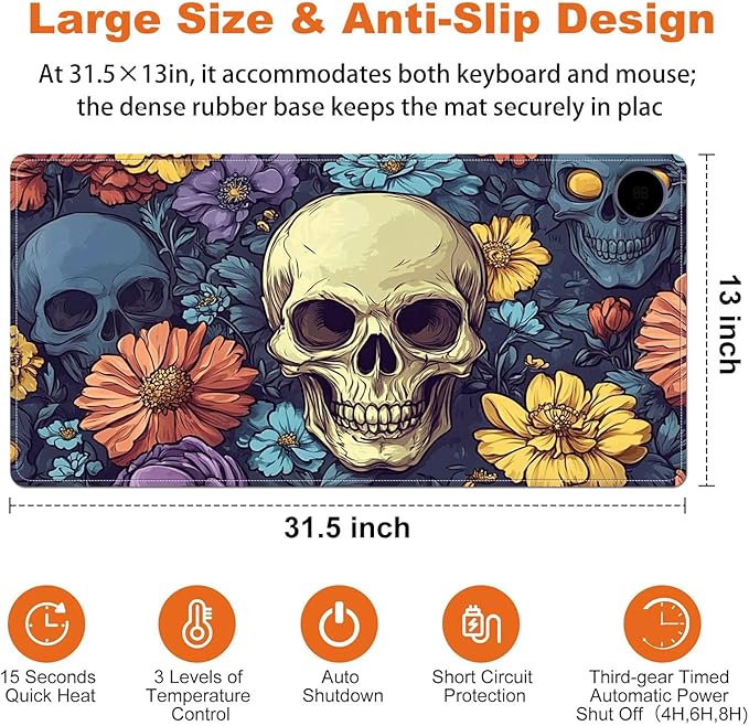 Heated Mouse Pad for Desk 31.5" x 13" – PU Leather Warm Desk Pad with 3 Heat Levels (104°F/113°F/122°F), Plug-in Electric Heating Mat with Auto Shut-Off, Waterproof & Rollable, Floral Skull