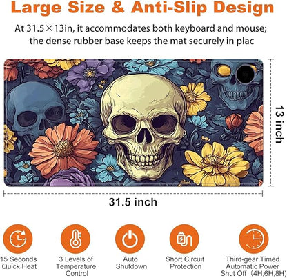 Heated Mouse Pad for Desk 31.5" x 13" – PU Leather Warm Desk Pad with 3 Heat Levels (104°F/113°F/122°F), Plug-in Electric Heating Mat with Auto Shut-Off, Waterproof & Rollable, Floral Skull
