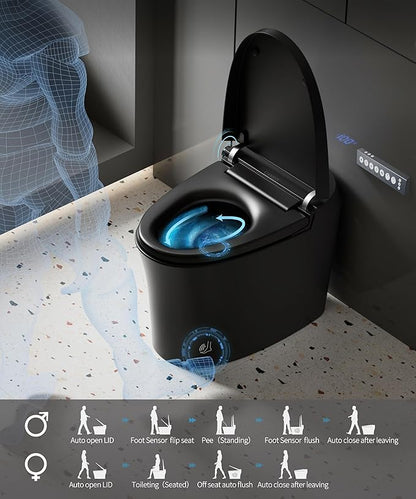 CANEST Black Smart Toilet, Tankless Bidet Toilet with Heated Seat, Foot Sensor Operation, Auto Open & Close, Dual Auto Flush, Warm Water, LED Display, Night Light, Wireless Remote Control (TC-200BG)