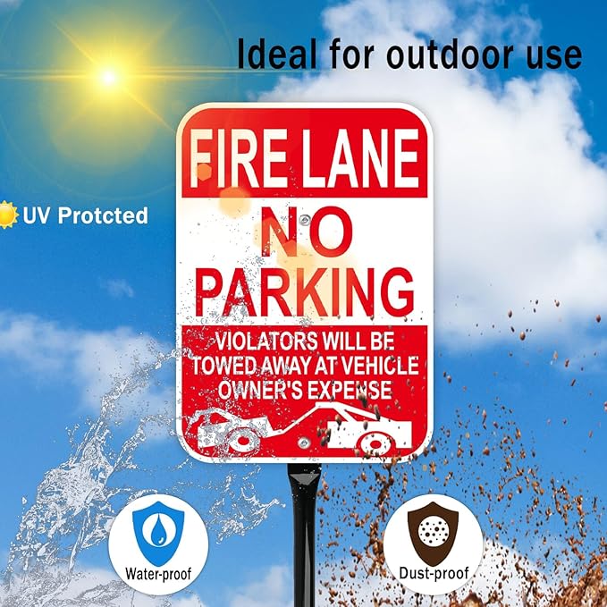 Fire Lane No Parking Sign with 54 Inch Metal Stakes, Red, Aluminum, 10x14 Inches, Reflective, Weather-Resistant, 2 Pack
