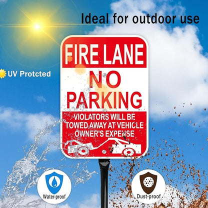 Fire Lane No Parking Sign with 54 Inch Metal Stakes, Red, Aluminum, 10x14 Inches, Reflective, Weather-Resistant, 2 Pack
