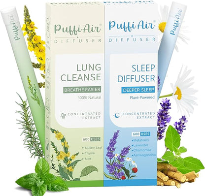 PUFFIAIR Day to Night Harmony Duo Herbal Diffuser Pen Set | Mullein and Melatonin Inspired Blends | Green Blue | 2 Count